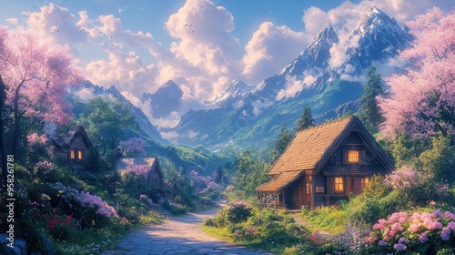 serene anime valley landscape bathed in ethereal light lush gardens cascade down gentle slopes dotted with charming cottages dreamy pastel hues evoke tranquil otherworldly ambiance photo