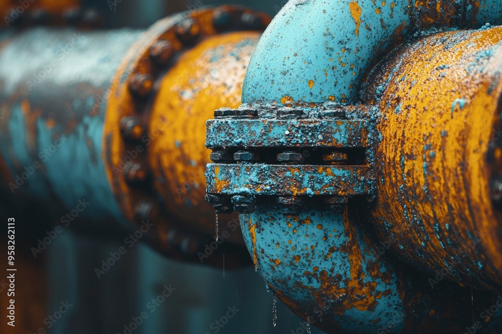 Close-up of a Leaking Rusted Pipe with Blue Paint