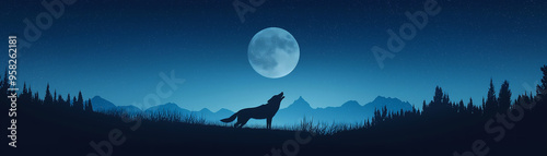 Wolf Howling at the Moon in a Starry Night Landscape