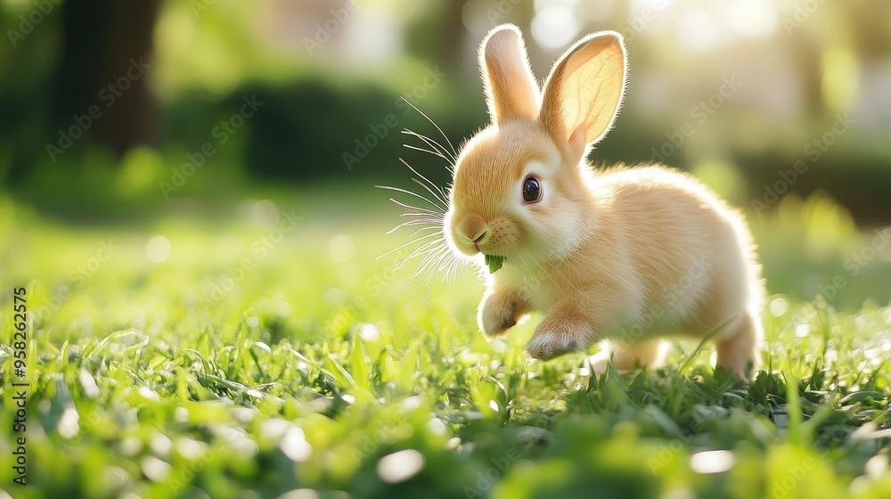 Adorable baby bunny running and chewing on fresh green grass in a sunny yard. Perfect depiction of a small, beloved pet in a lively outdoor environment. Adorable baby bunny running and chewing on fresh green grass in a sunny yard. Perfect depiction of a small, beloved pet in a lively outdoor environment.