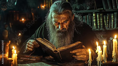 Mysterious sorcerer surrounded by ancient tomes, candles, and mystical artifacts in a dimly lit, velvet-draped chamber, evoking an atmosphere of esoteric knowledge and forbidden power