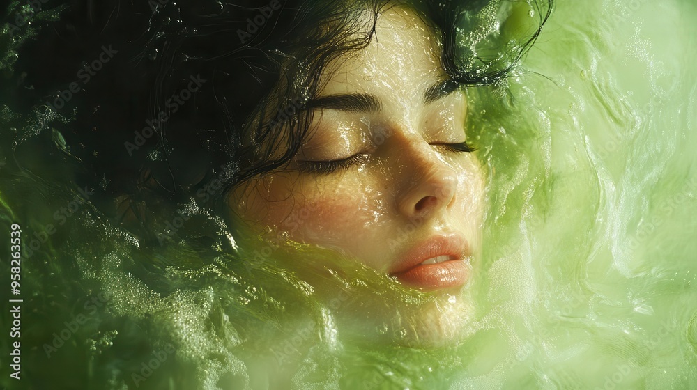 serene woman with closed eyes floating in a swirling sea of emerald green liquid ethereal lighting creates a dreamlike otherworldly atmosphere serene woman with closed eyes floating in a swirling sea of emerald green liquid ethereal lighting creates a dreamlike otherworldly atmosphere