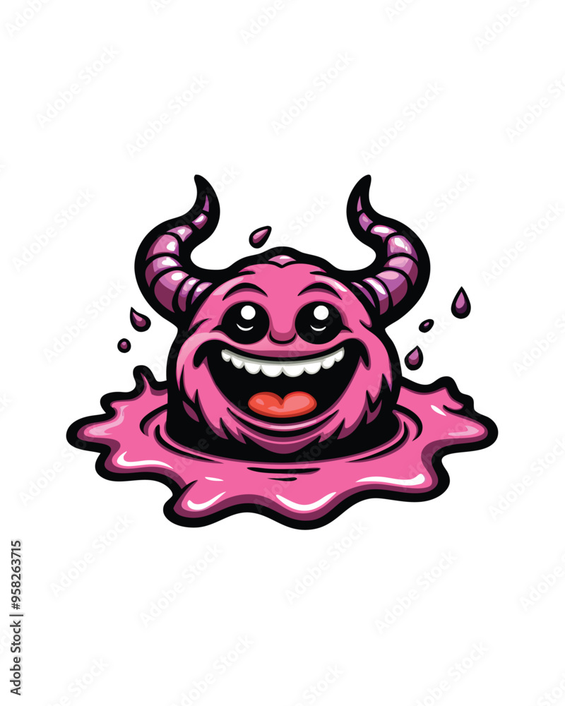 A playful, pink, blob-like monster with horns is smiling happily in a pool of pink goo.