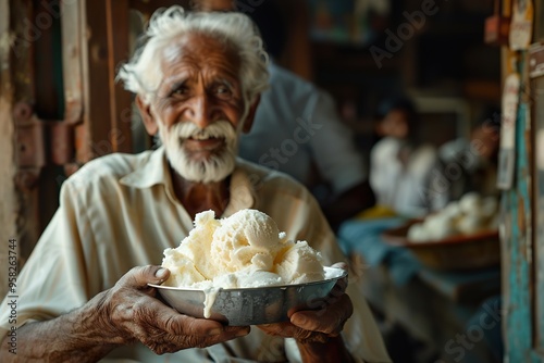 Elderly Indian man relishing kulfi