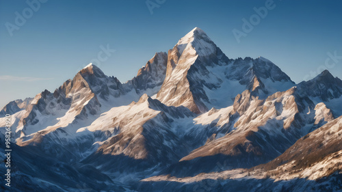 Snow-capped mountains under a clear blue sky, winter weather, cold and majestic