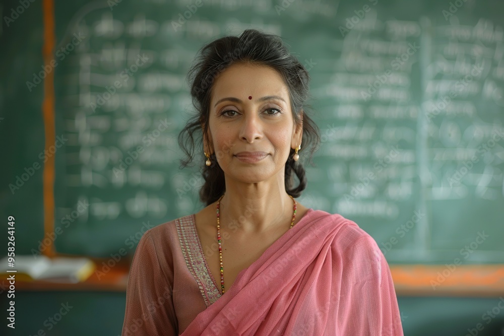 Elegant Indian Teacher in Saree Leading Virtual Lesson with Writing Board Elegant Indian Teacher in Saree Leading Virtual Lesson with Writing Board