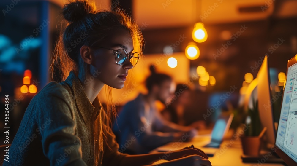 Fototapeta premium A young woman focused on her computer in a dimly lit workspace with warm pendant lights during late-night hours