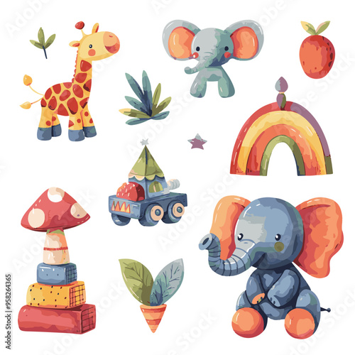 Collection of vector illustrations of children's toys, wooden car, pyramid, rainbow, elephant, giraffe for postcards, stickers