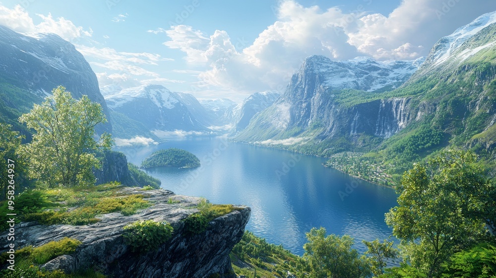 Obraz premium Scenic mountain lake surrounded by lush greenery under a bright blue sky