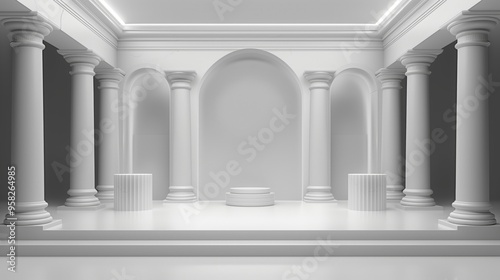 Elegant White Classical Pillars and Archways in Grand Hall.