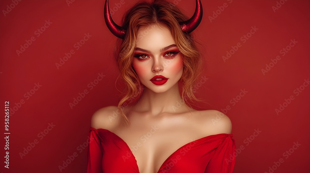 Alluring Devil Woman in Red with Horns Captivating Halloween Fantasy Portrait Alluring Devil Woman in Red with Horns Captivating Halloween Fantasy Portrait
