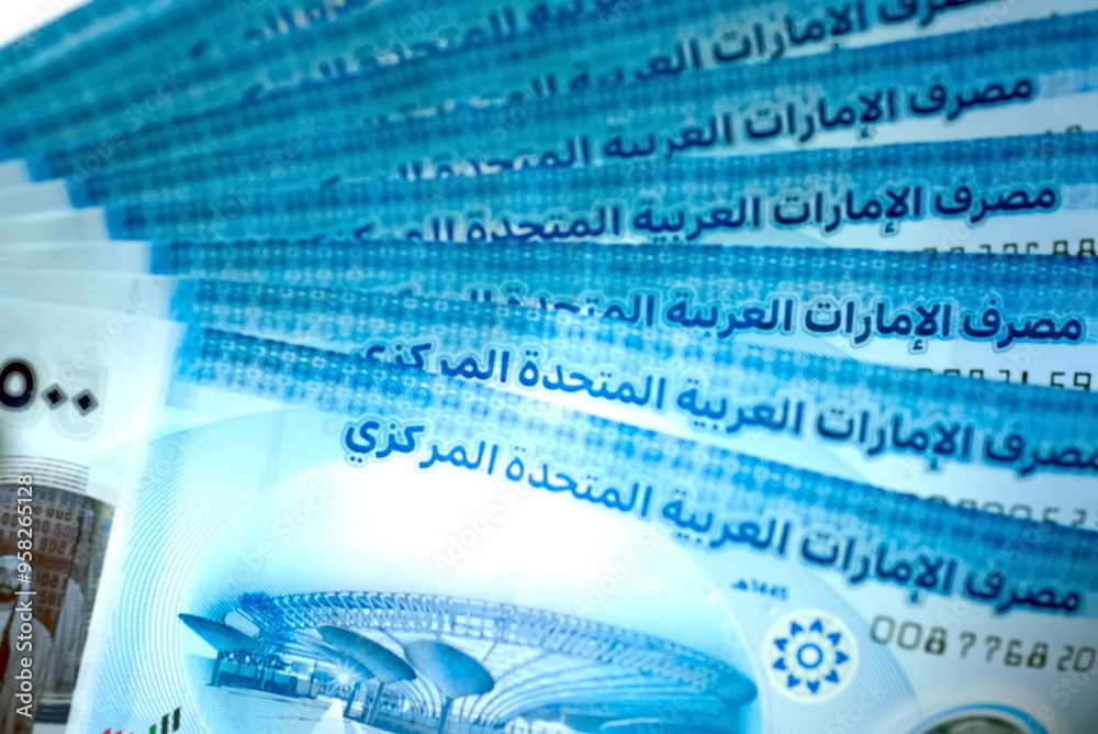 Close up Dirhams currency with new design Notes, AED, Bank notes and coins, United Arab Emirates Close up Dirhams currency with new design Notes, AED, Bank notes and coins, United Arab Emirates