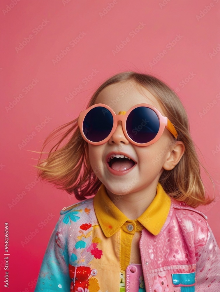 A happy little girl wearing colorful sunglasses over a pink background A happy little girl wearing colorful sunglasses over a pink background