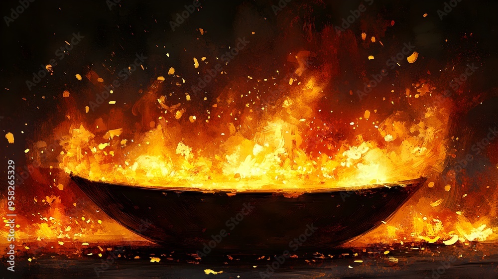 A pan with fire blazing out of control, sparks flying in every direction, captured in a chaotic sketch style with dynamic strokes, focusing on the intensity of the heat and movement A pan with fire blazing out of control, sparks flying in every direction, captured in a chaotic sketch style with dynamic strokes, focusing on the intensity of the heat and movement