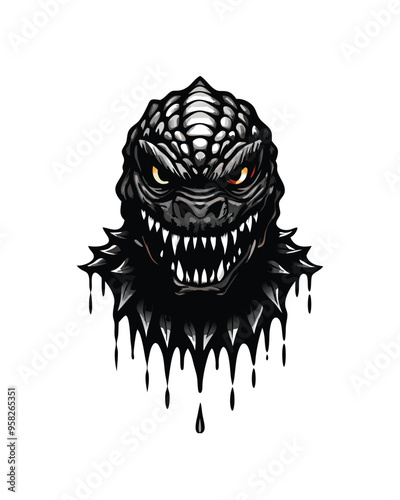 A reptilian monster with sharp scales, covered in dripping black goo, with menacing yellow eyes and a fearsome grin.