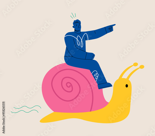 Man riding slow snail never reach goal. Inefficient management. Colorful vector illustration