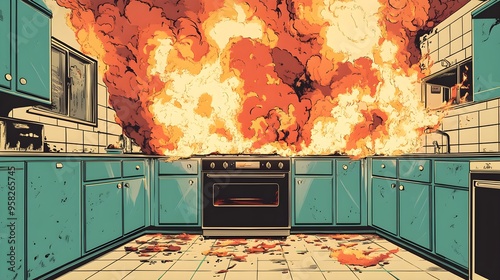 A vintage kitchen on fire, retro appliances engulfed in flames, thick smoke rolling across the ceiling, Pop Art style, Bold colors, Comic book effect, High contrast