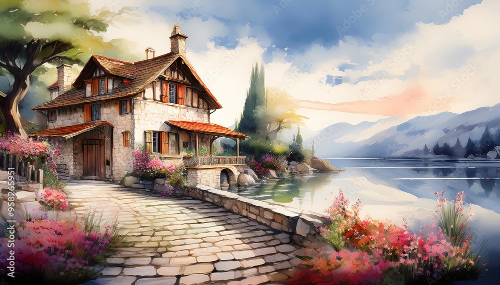 Obraz premium watercolor painting of a picturesque house by a European lake. 