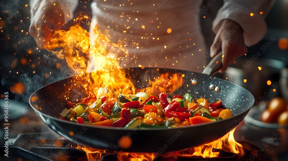 Chef tossing vibrant vegetables in a pan, dramatic flames shooting up, chaotic kitchen atmosphere, photo-realistic, high contrast, intense heat and motion, urgent fire scene Chef tossing vibrant vegetables in a pan, dramatic flames shooting up, chaotic kitchen atmosphere, photo-realistic, high contrast, intense heat and motion, urgent fire scene