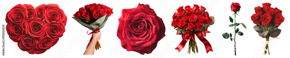 Red rose bouqute png cut out element set