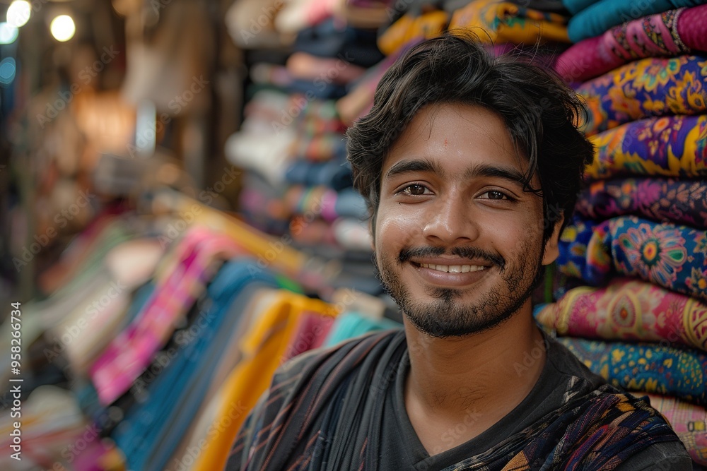 Indian Cloth Shopkeeper Posing Cheerfully in Clothing Store