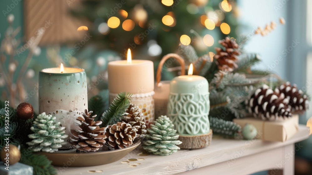 Cozy Christmas Candle Arrangement with Pinecones and Holiday Lights.