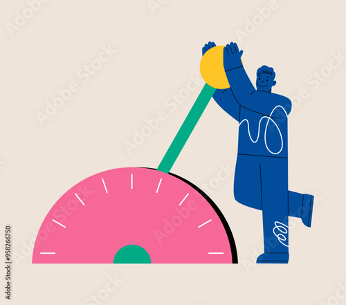 Man shifting transmission knob to faster new level. Colorful vector illustration