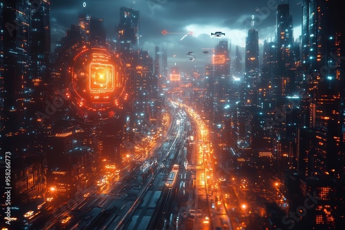 cyberpunk cityscape with holographic navigation system overlay neonlit streets flying vehicles futuristic urban planning