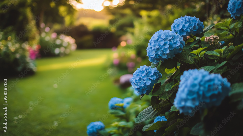 Beautiful hydrangeas are blooming in a lovely garden in the countryside. Beautiful hydrangeas are blooming in a lovely garden in the countryside.