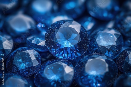 dazzling array of blue sapphires in various cuts and sizes light refracts through the gems creating a mesmerizing display of azure hues and brilliant sparkles