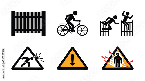 An image depicting various accident pictograms with a focus on a man falling off his bike.