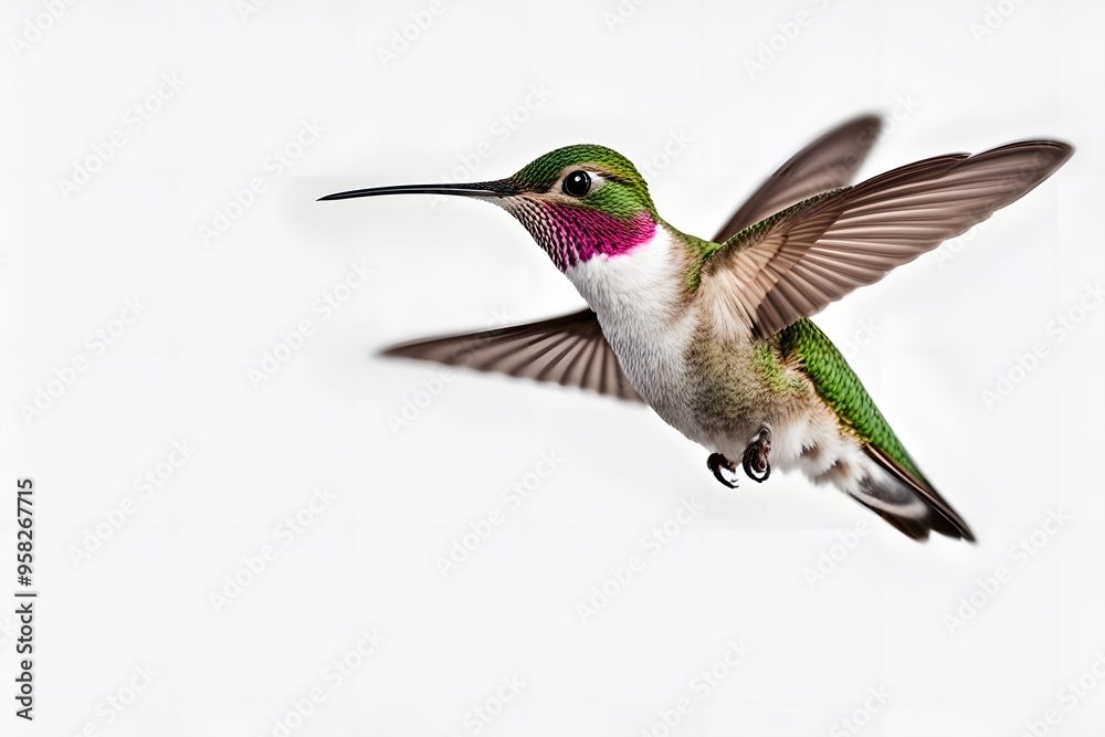 Fototapeta premium Calliope hummingbird bird on white background, AI Generated