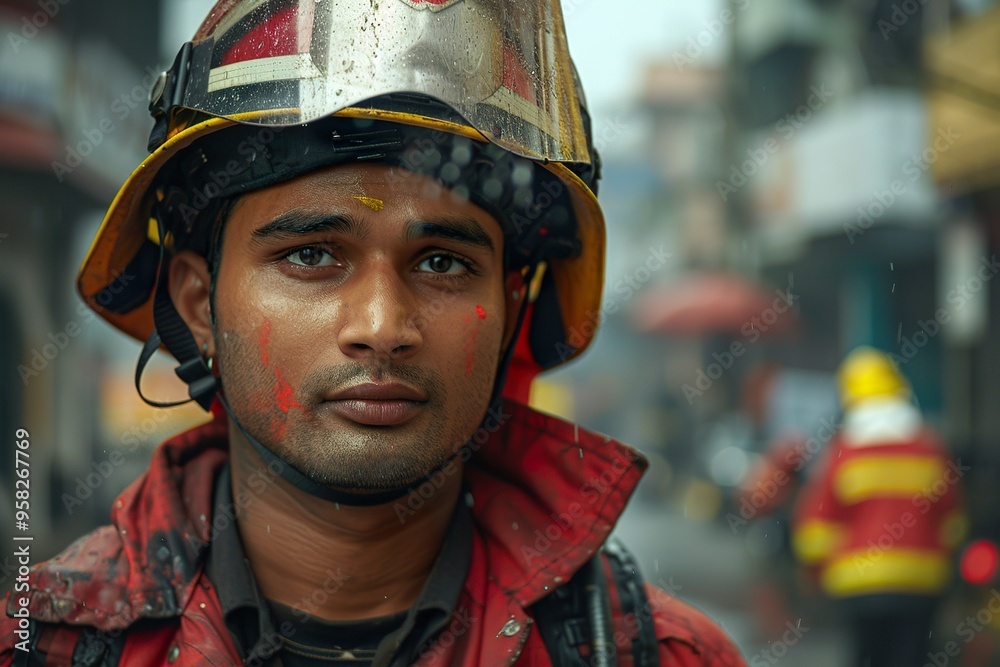 Indian Firefighter Asian Worker in Full Uniform on Duty