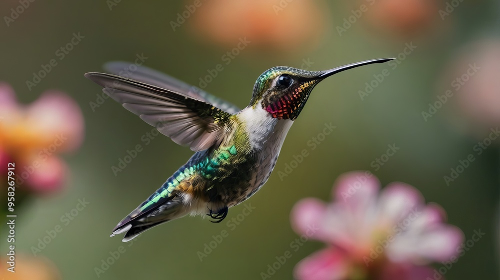 Fototapeta premium A cinematic close-up of a hummingbird hovering mid-flight, with a focus on its iridescent feathers and tiny beak.