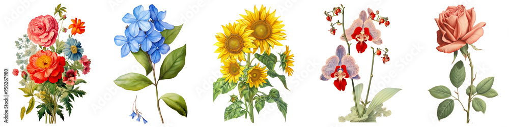 Naklejka premium Vintage flower png cut out element set