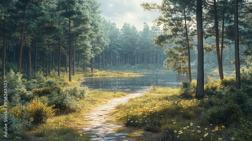 Obraz premium A serene forest landscape featuring a tranquil lake, lush greenery, and a winding path that invites exploration and peace.