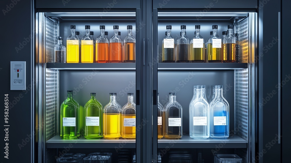 Fototapeta premium Glass Bottles Stored on Shelves in a Laboratory Cabinet