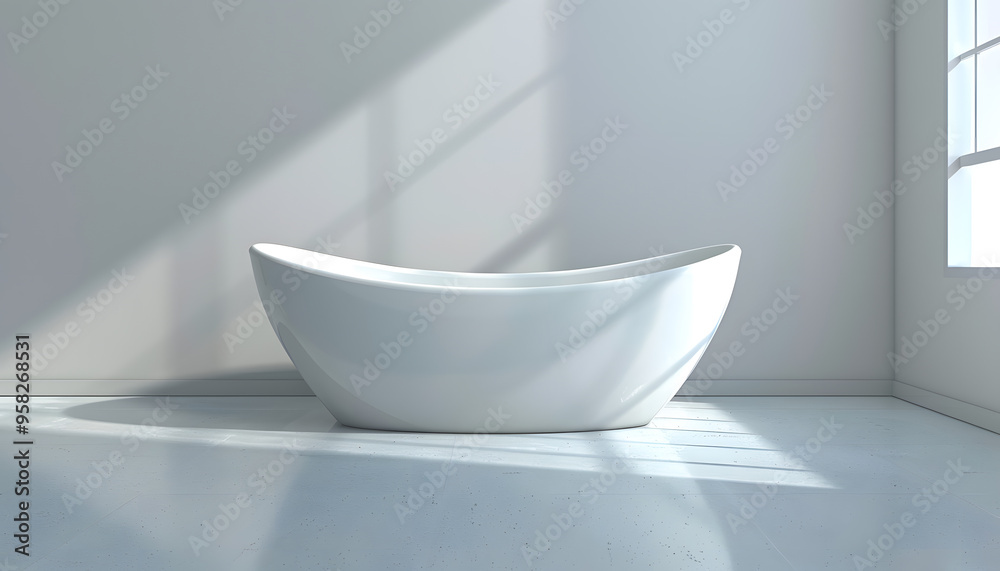 A porcelain white bathtub is placed in a bathroom beside a window, surrounded by tableware and drinkware on the shelves. The flooring is tiled while a cup and mixing bowl sit on the counter A porcelain white bathtub is placed in a bathroom beside a window, surrounded by tableware and drinkware on the shelves. The flooring is tiled while a cup and mixing bowl sit on the counter