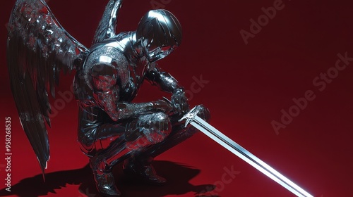 Kneeling chrome angel with sword in hand