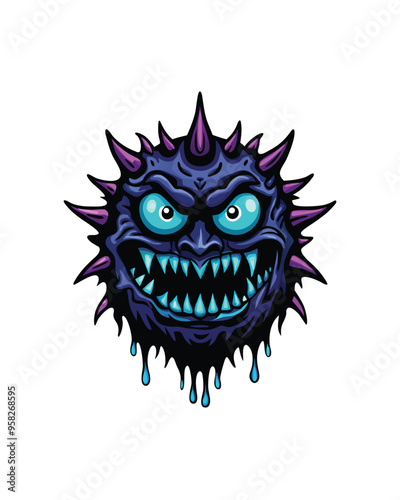 A menacing alien monster with spiky purple and blue skin, dripping blue goo, with a gaping maw full of sharp teeth.
