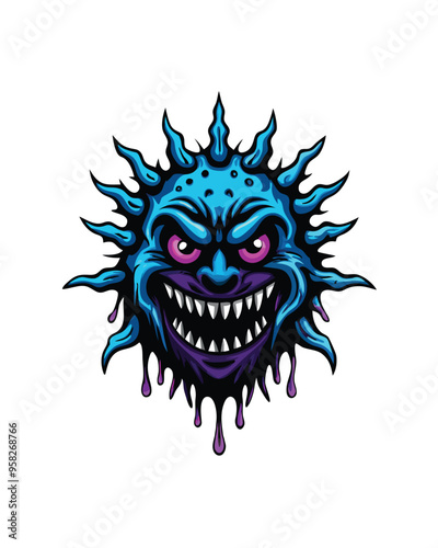 Generate a cartoon illustration of a spiky blue and purple alien monster with a big smile and sharp teeth, dripping purple liquid.