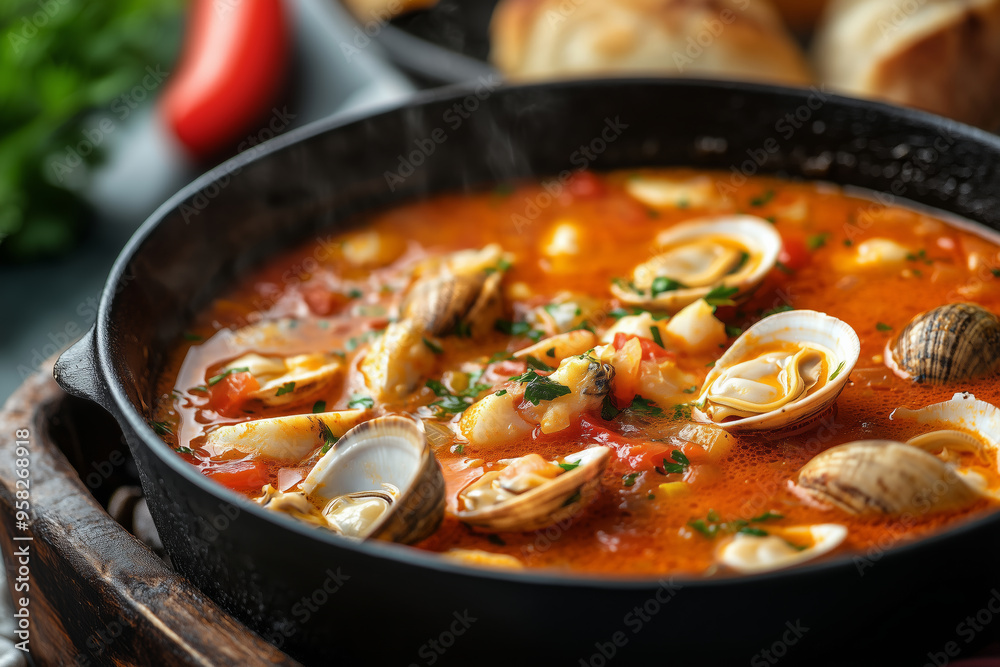 A steaming bowl of rich French Bouillabaisse brimming with clams and fresh fish, celebrating coastal flavors A steaming bowl of rich French Bouillabaisse brimming with clams and fresh fish, celebrating coastal flavors