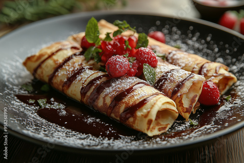 Artfully arranged fresh homemade crepes topped with raspberries and drizzled with chocolate sauce on a rustic wooden table