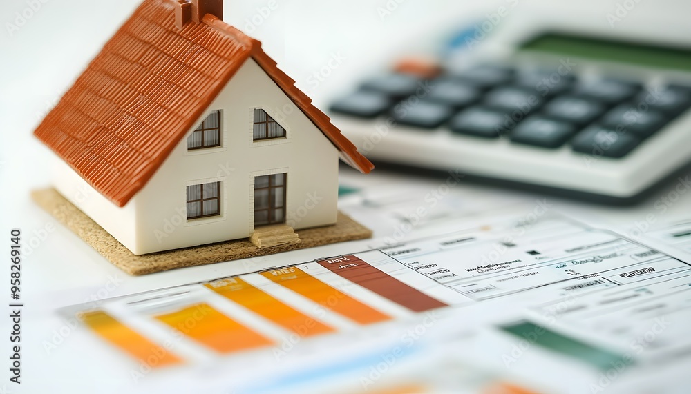 Miniature House Model with Calculator and Financial Documents Miniature House Model with Calculator and Financial Documents