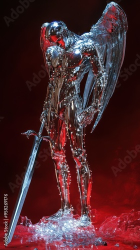 Kneeling chrome angel with sword amid radiant display.