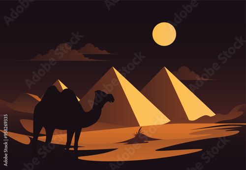 Illustration of a desert at night, featuring a camel silhouette riding across sand dunes with a sunset and a dune in the background. This scene captures Middle Eastern and African culture. Not ai.