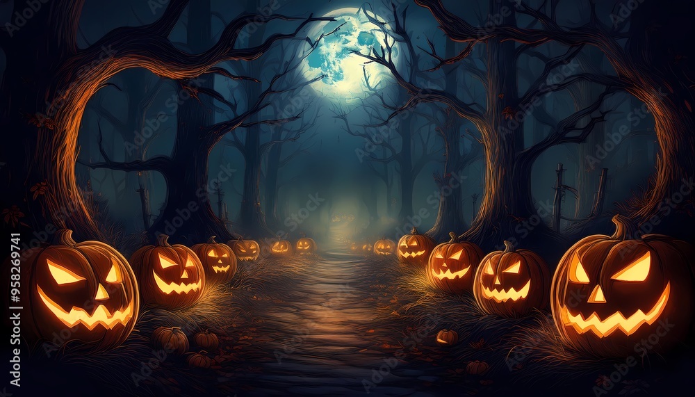 A dark forest path lit by glowing jack-o'-lanterns, with a full moon peeking through the branches on Halloween. A dark forest path lit by glowing jack-o'-lanterns, with a full moon peeking through the branches on Halloween.