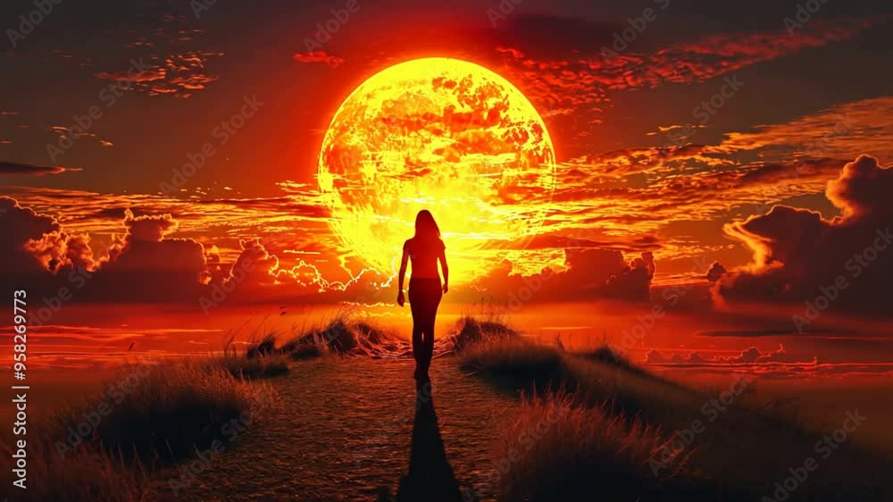Journey to the Blazing Horizon: A lone silhouette strides towards an enormous, fiery sun dominating a dramatic, otherworldly sky. 