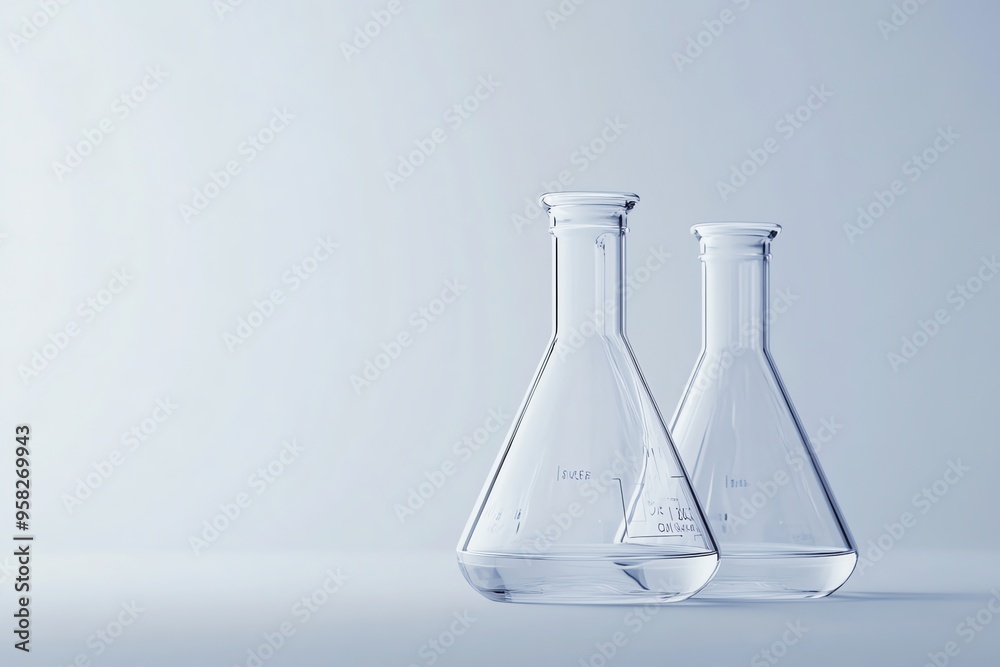 Two Clear Glass Erlenmeyer Flasks on a White Surface Two Clear Glass Erlenmeyer Flasks on a White Surface