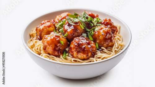 Manchurian noodles in bowl isolated on white background